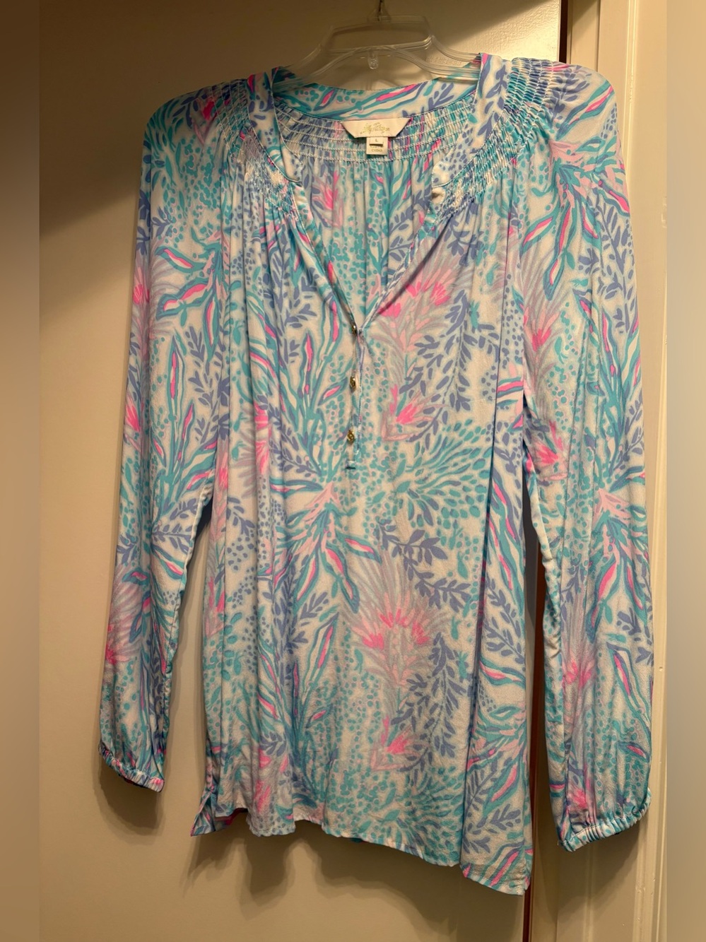Lilly Pulitzer Light Blue Floral Peasant Tunic with Pink Accents